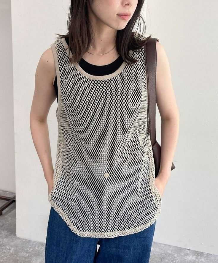 Beige See-Through Mesh Tank Top