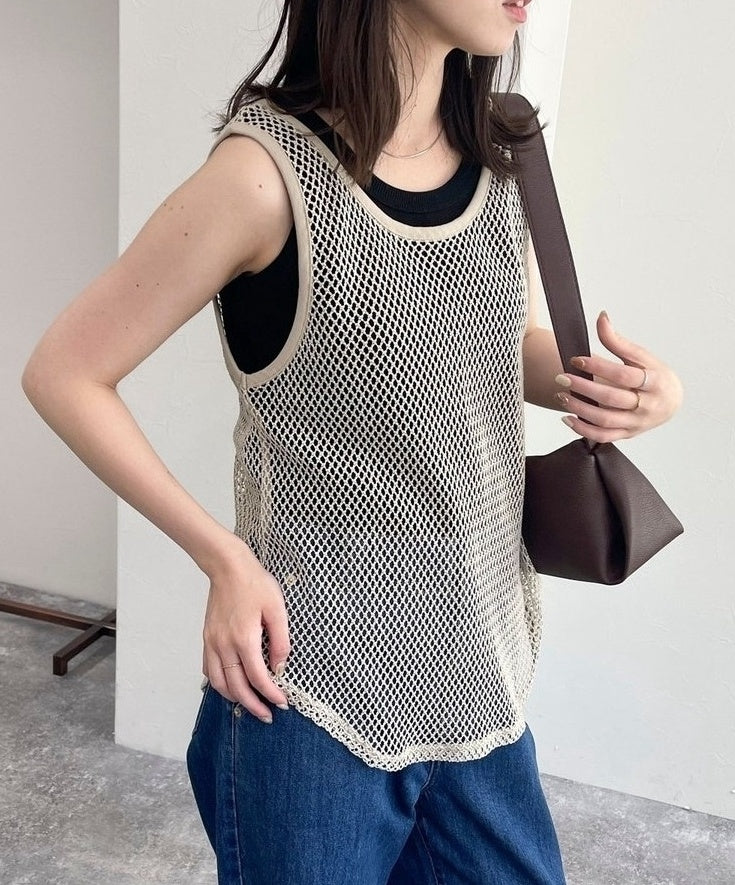 Beige See-Through Mesh Tank Top