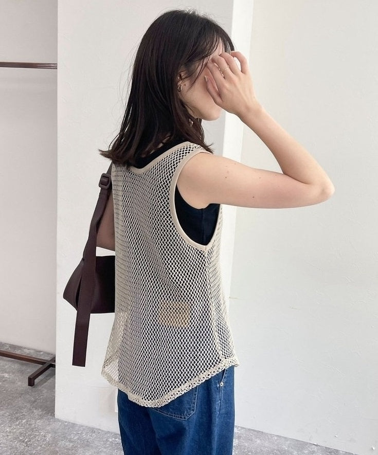 Beige See-Through Mesh Tank Top
