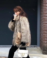 Beige Shaggy Oversized Fur Coat