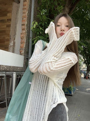 Beige Sheer Ribbed Knit Asymmetric Sweater
