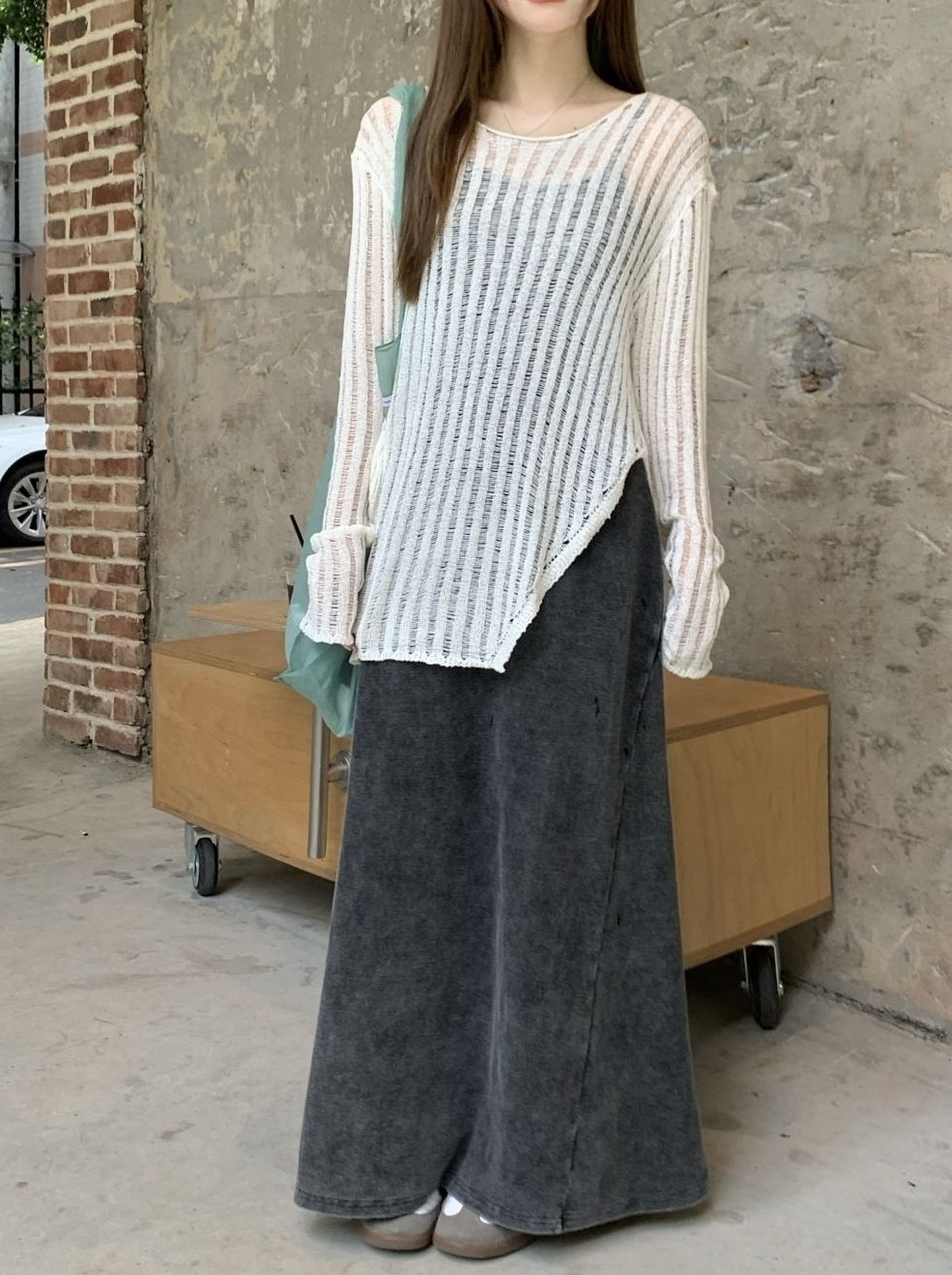 Beige Sheer Ribbed Knit Asymmetric Sweater
