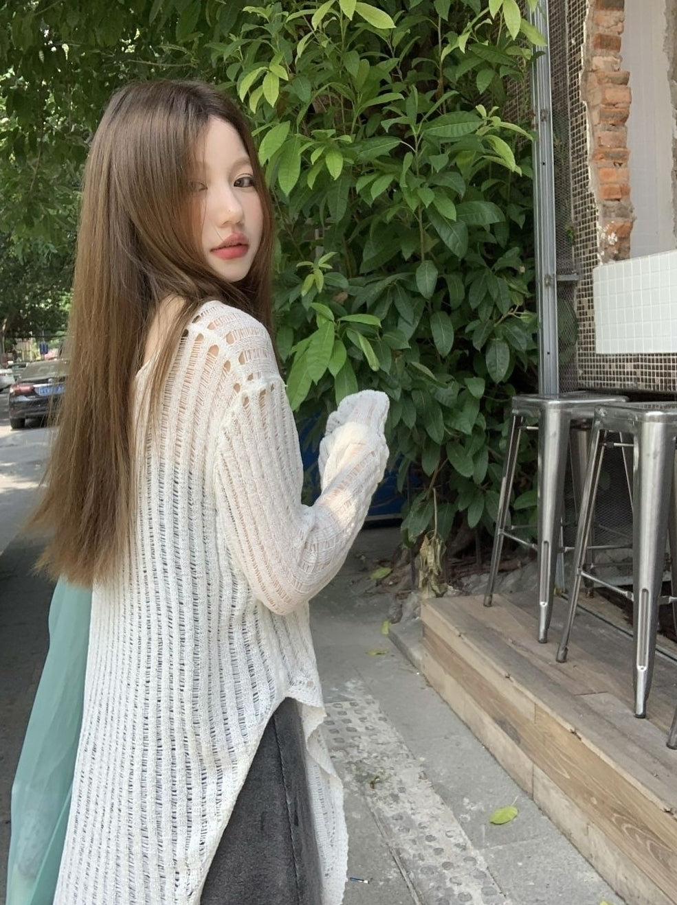 Beige Sheer Ribbed Knit Asymmetric Sweater