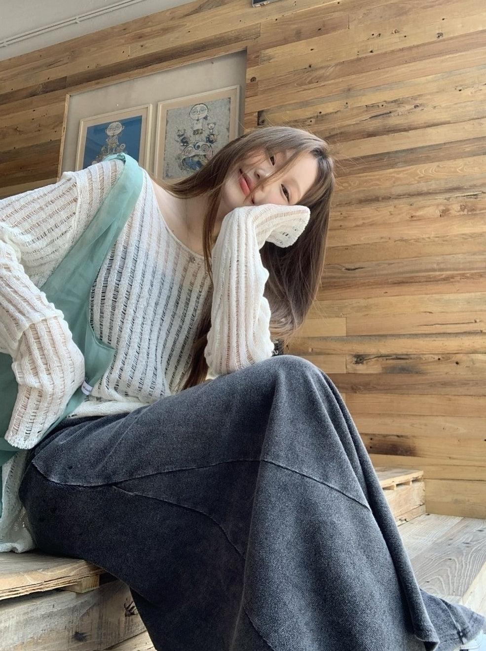 Beige Sheer Ribbed Knit Asymmetric Sweater