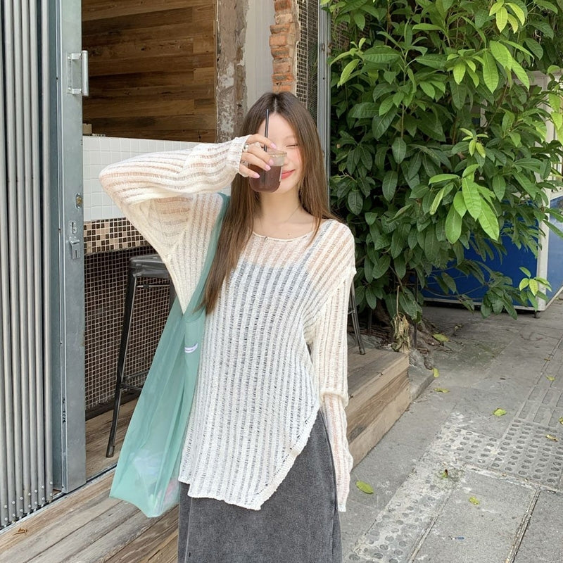 Beige Sheer Ribbed Knit Asymmetric Sweater