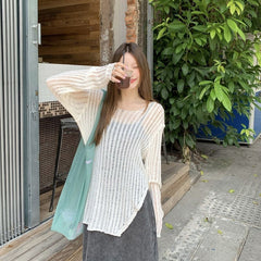 Beige Sheer Ribbed Knit Asymmetric Sweater