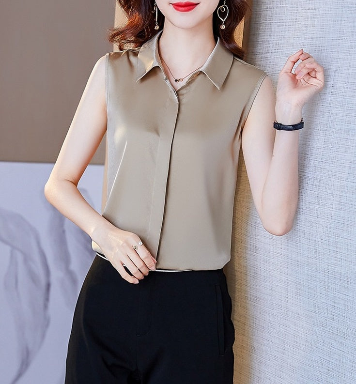 Beige Sleeveless Silk Shirt