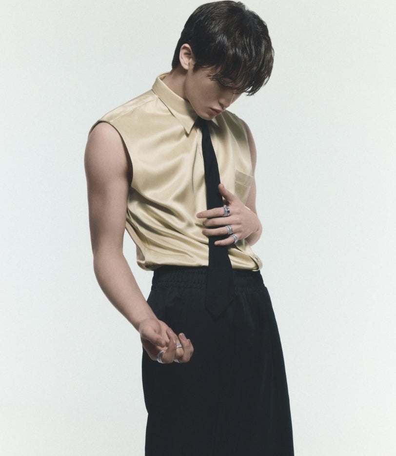 Beige Sleeveless Silk Shirt