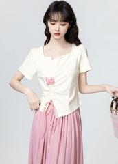Beige Square Neck Ruched Waist Short Sleeve Top