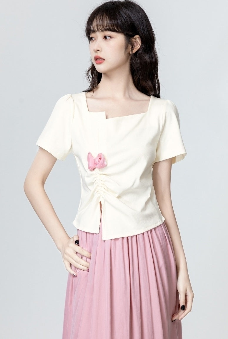 Beige Square Neck Ruched Waist Short Sleeve Top