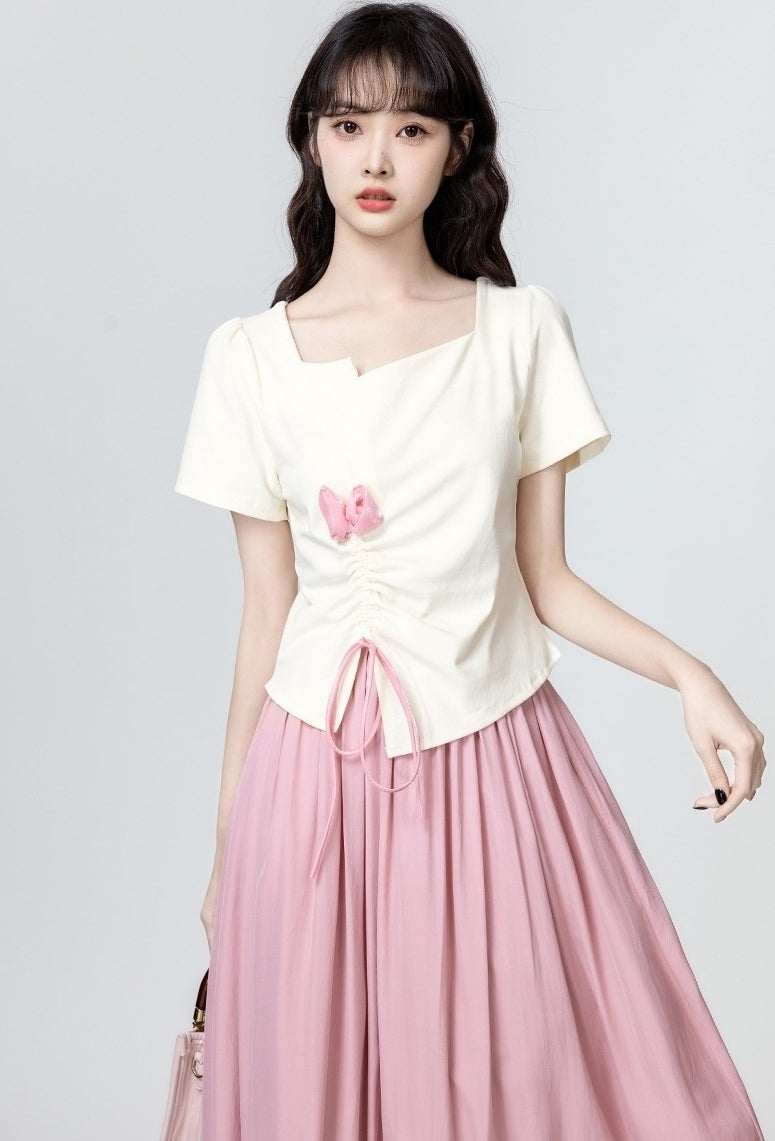Beige Square Neck Ruched Waist Short Sleeve Top