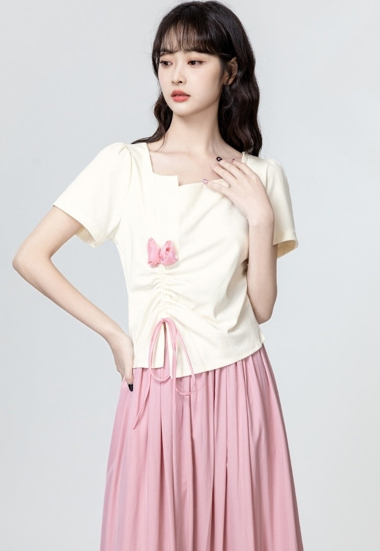 Beige Square Neck Ruched Waist Short Sleeve Top