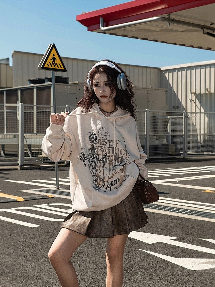 Beige Statement Print Vintage Hoodie