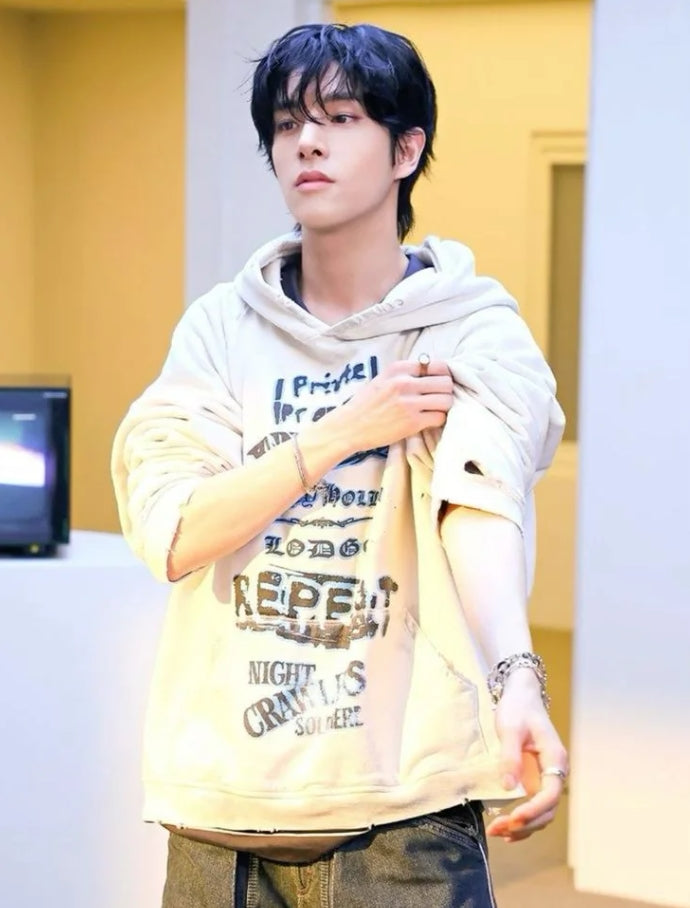 Beige Statement Print Vintage Hoodie