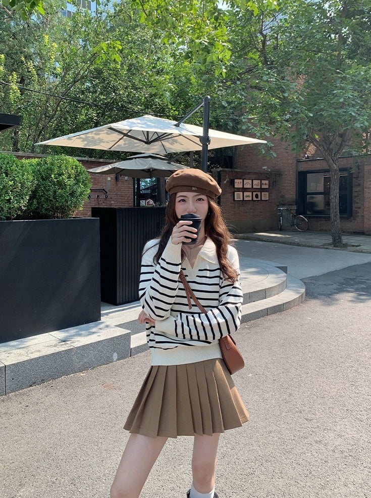 Beige Striped Collared Sweater
