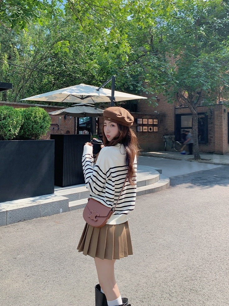 Beige Striped Collared Sweater