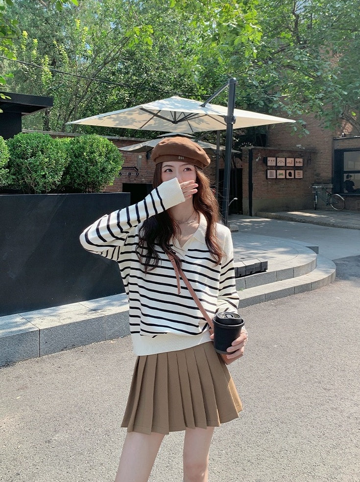 Beige Striped Collared Sweater