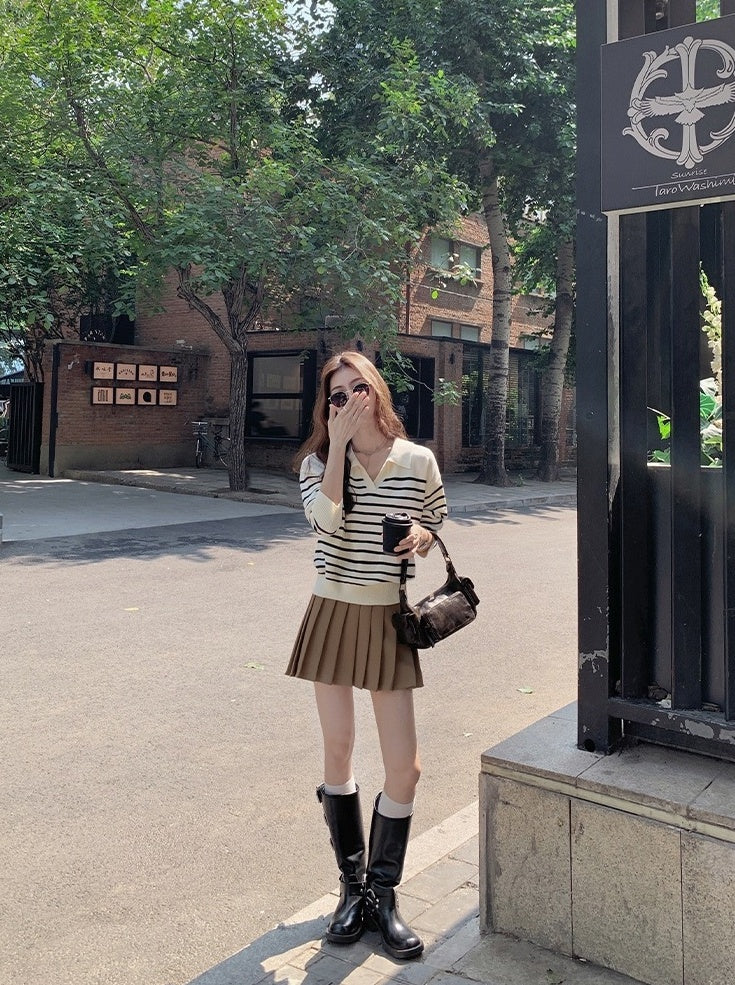 Beige Striped Collared Sweater