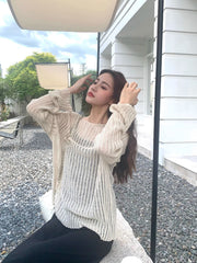 Beige Stripes See-Through Sweater And Dress Set