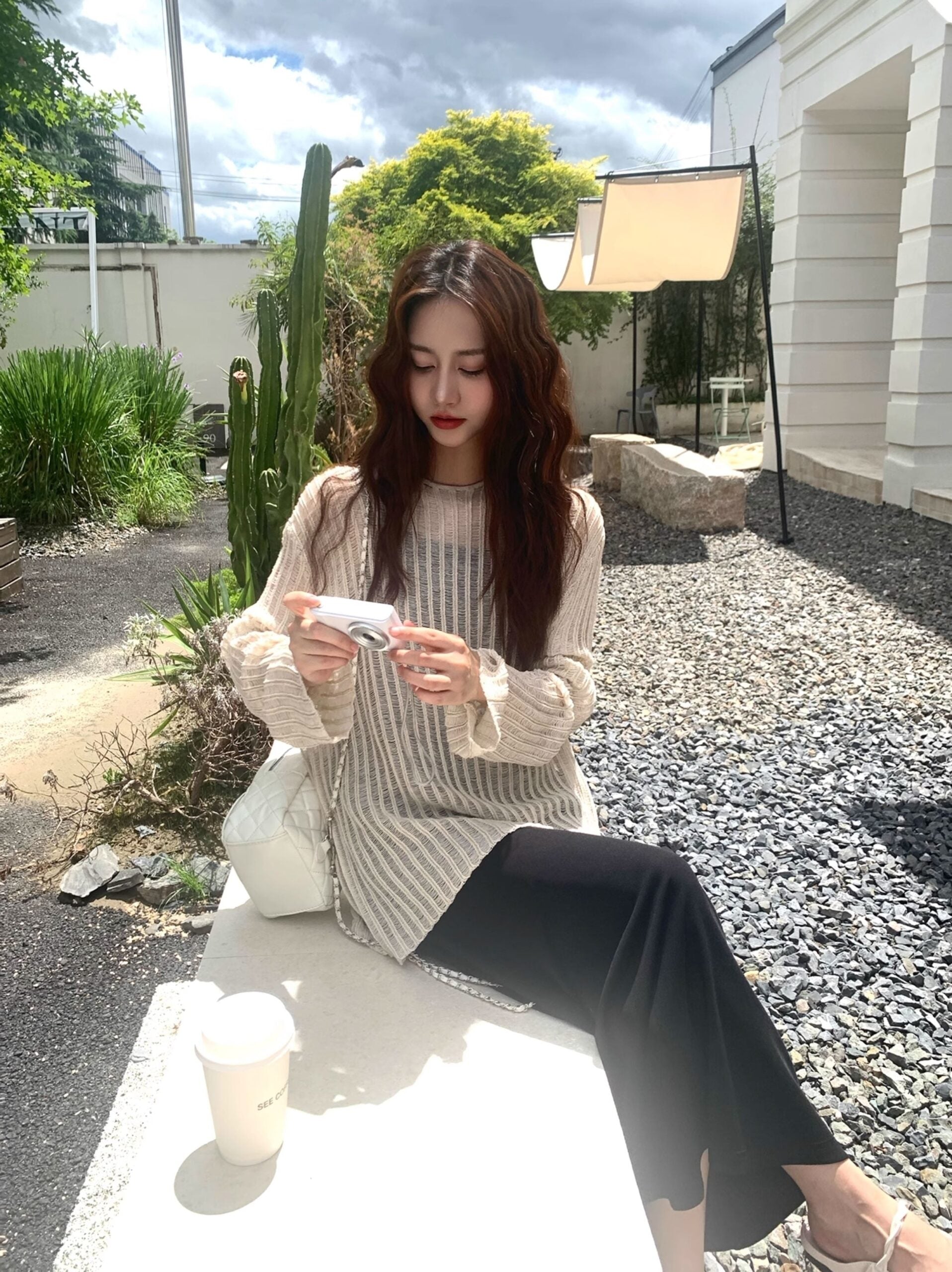 Beige Stripes See-Through Sweater And Dress Set