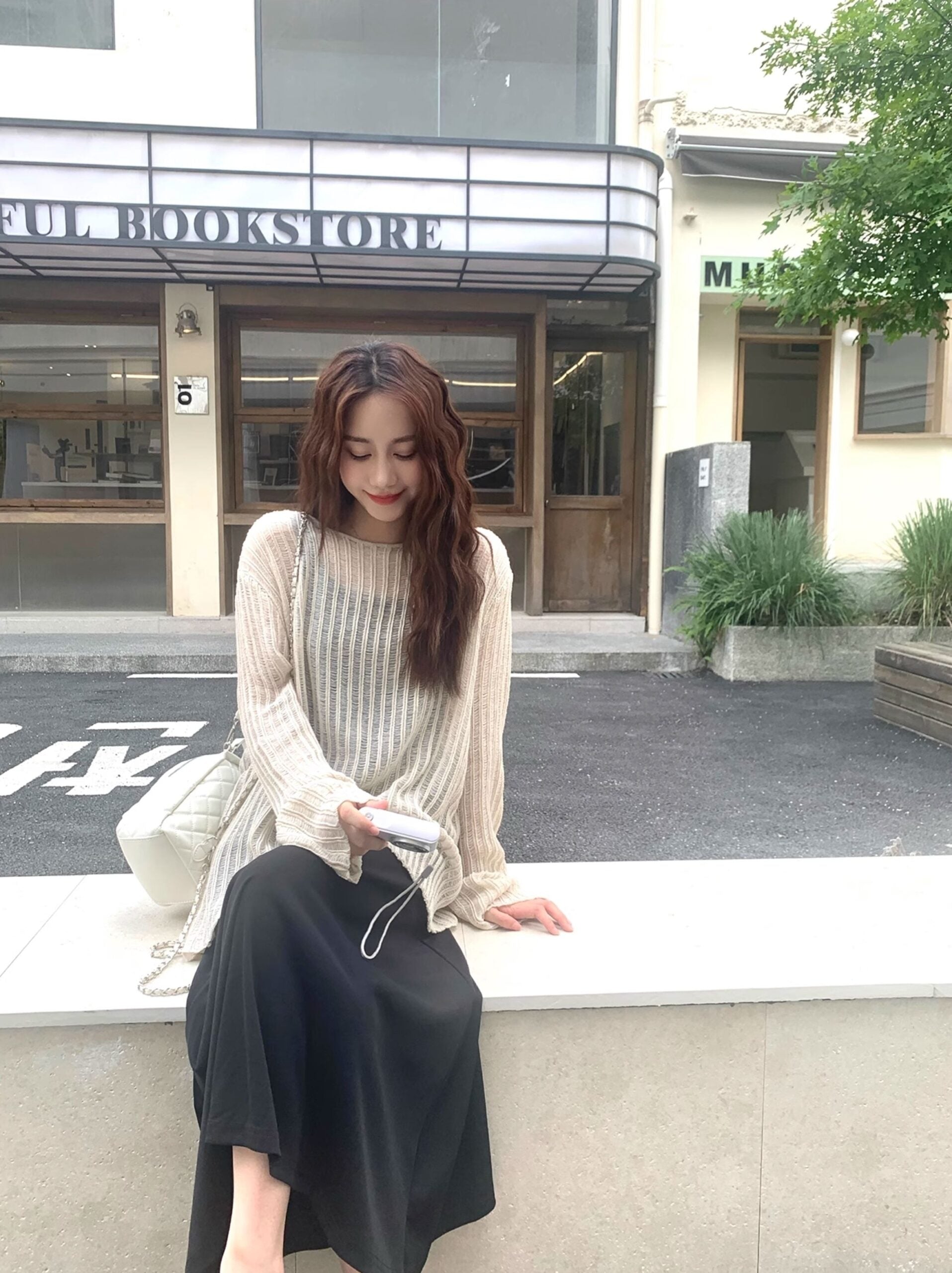 Beige Stripes See-Through Sweater And Dress Set
