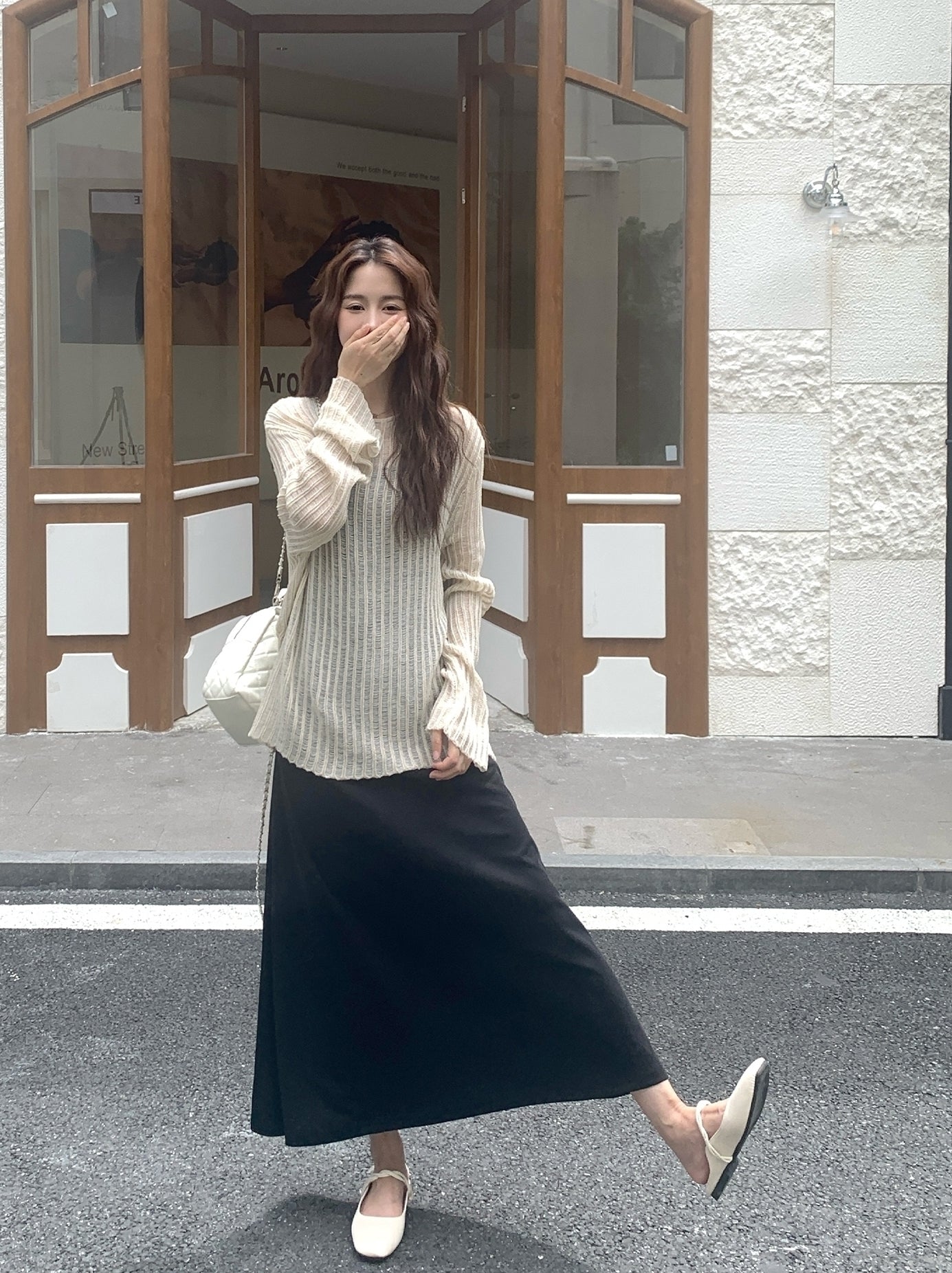 Beige Stripes See-Through Sweater And Dress Set