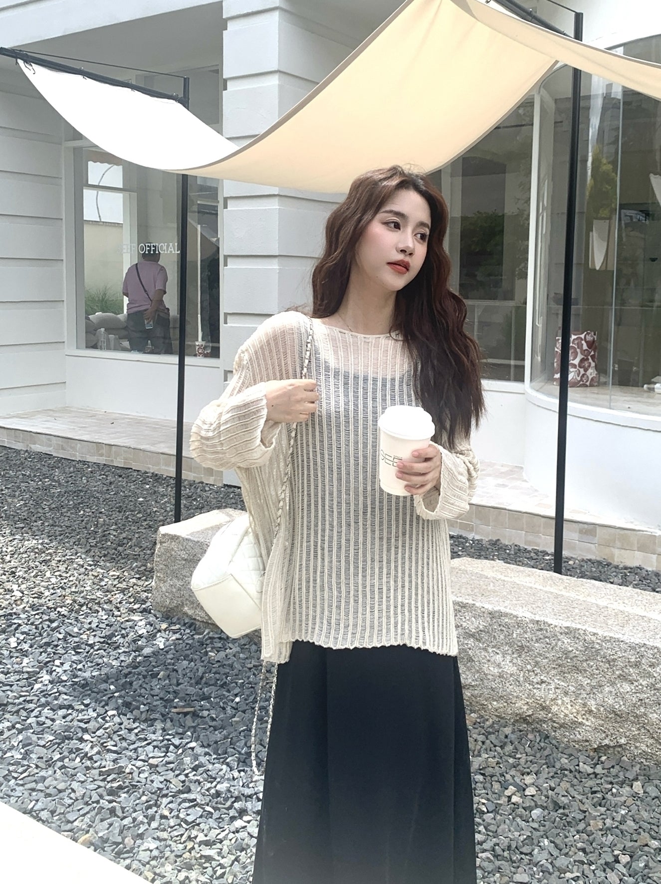 Beige Stripes See-Through Sweater And Dress Set