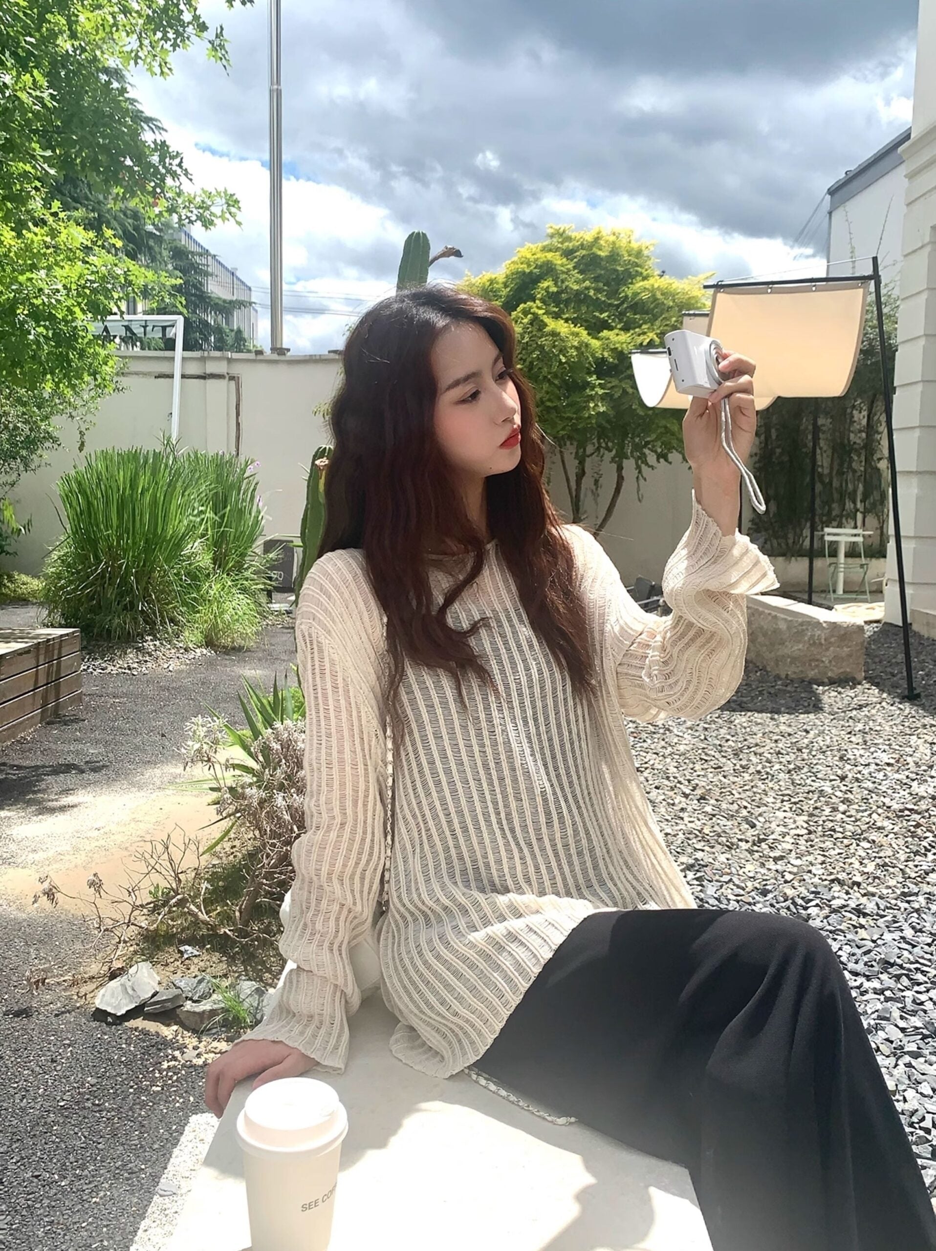 Beige Stripes See-Through Sweater And Dress Set