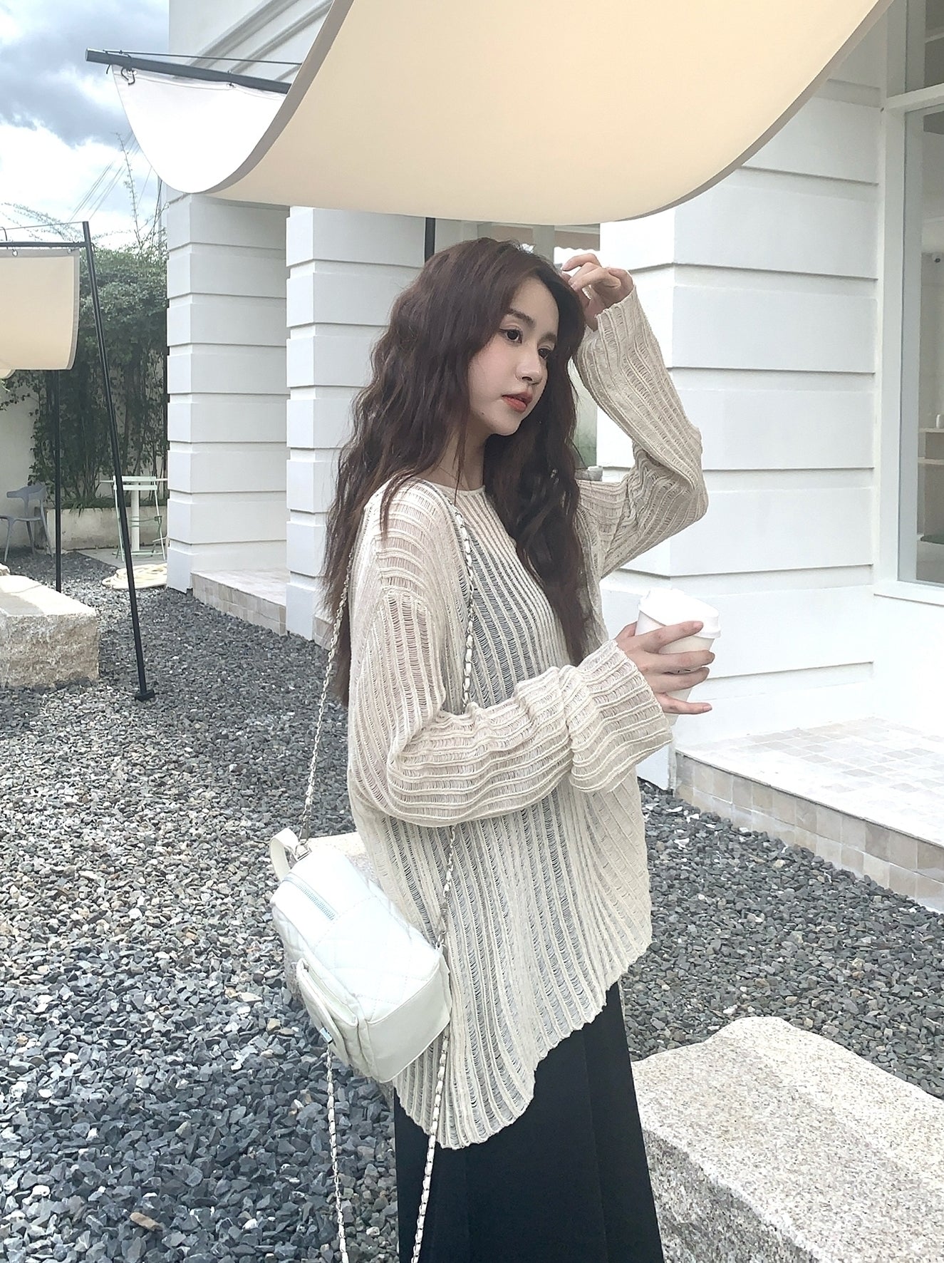 Beige Stripes See-Through Sweater And Dress Set