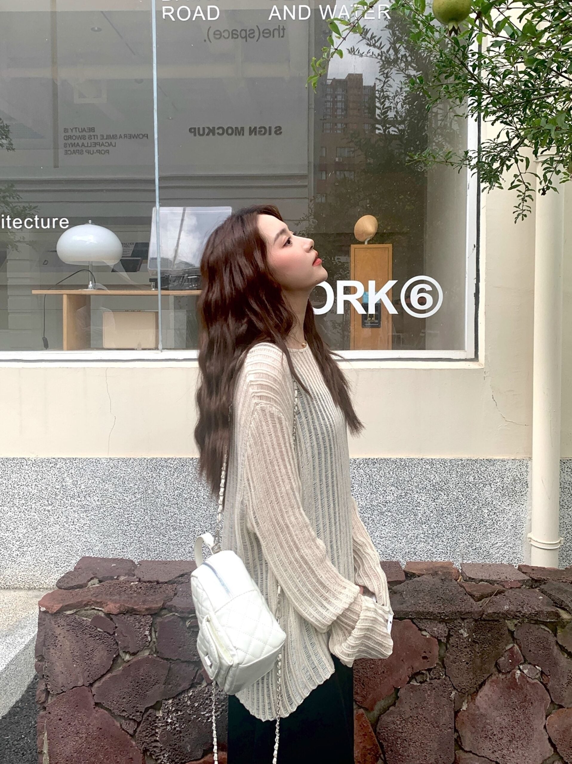 Beige Stripes See-Through Sweater And Dress Set
