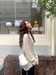 Beige Stripes See-Through Sweater And Dress Set
