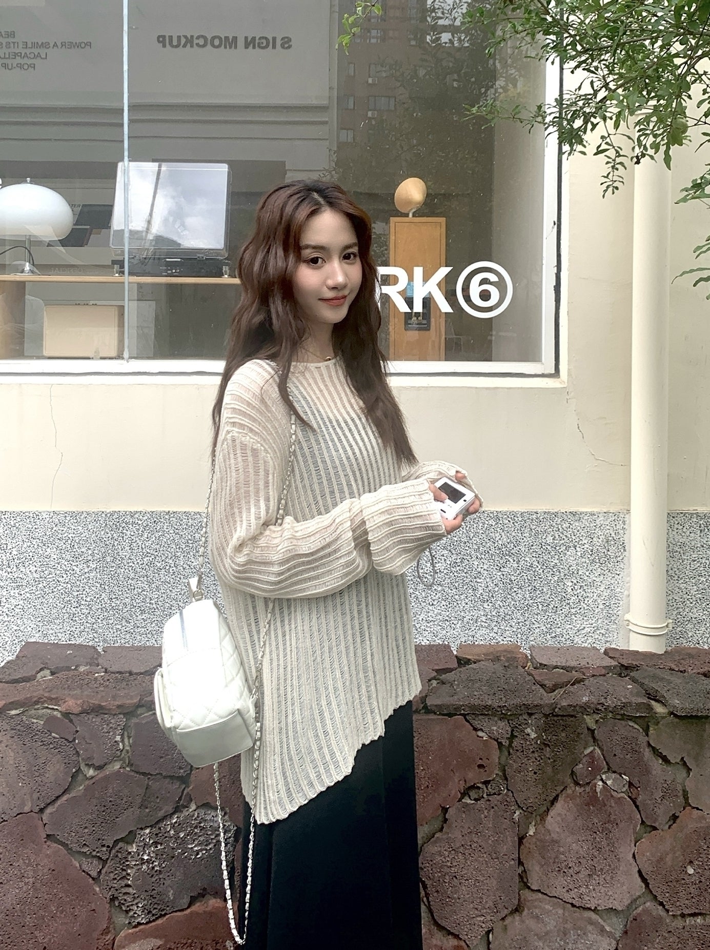 Beige Stripes See-Through Sweater And Dress Set