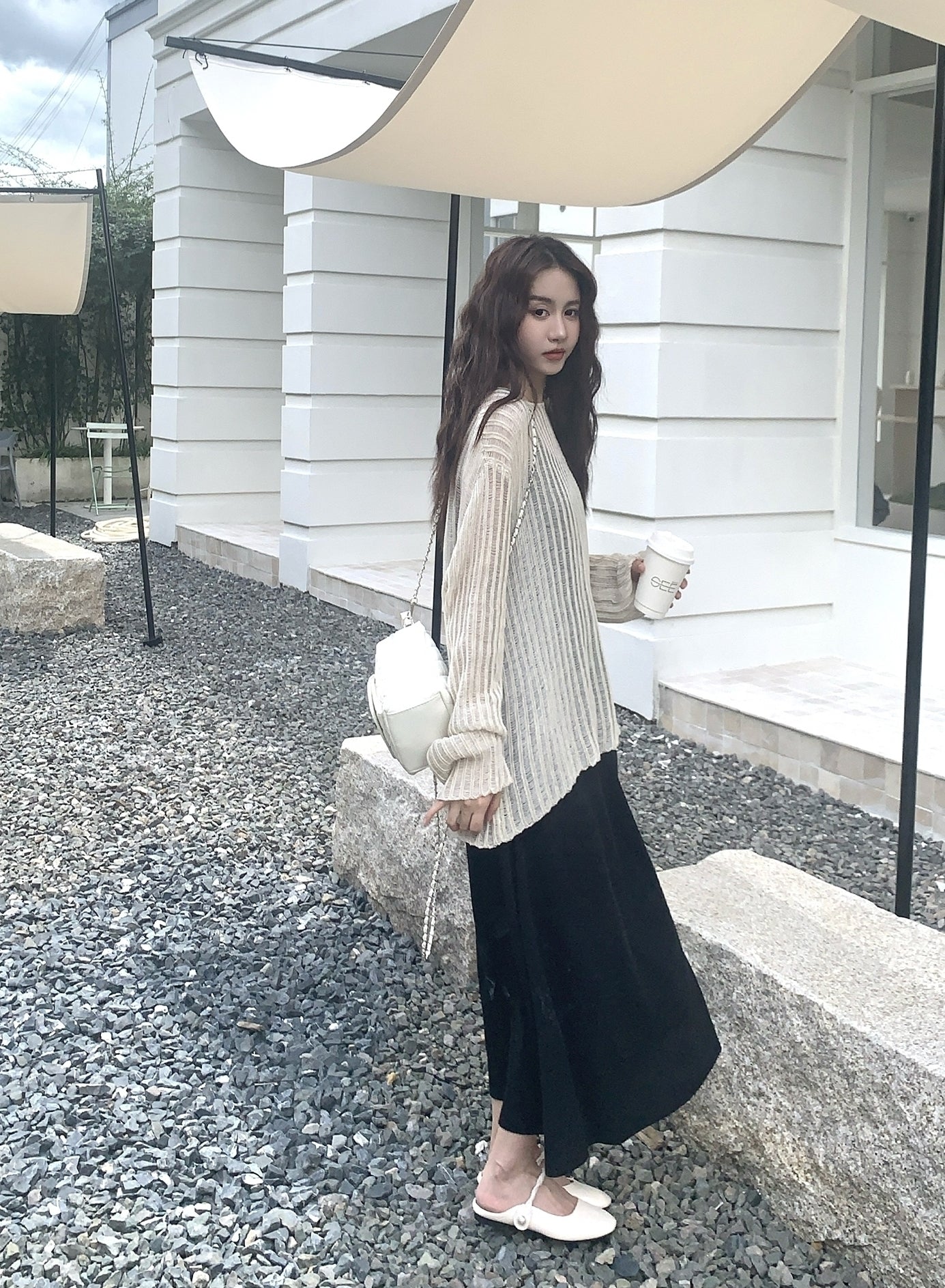 Beige Stripes See-Through Sweater And Dress Set