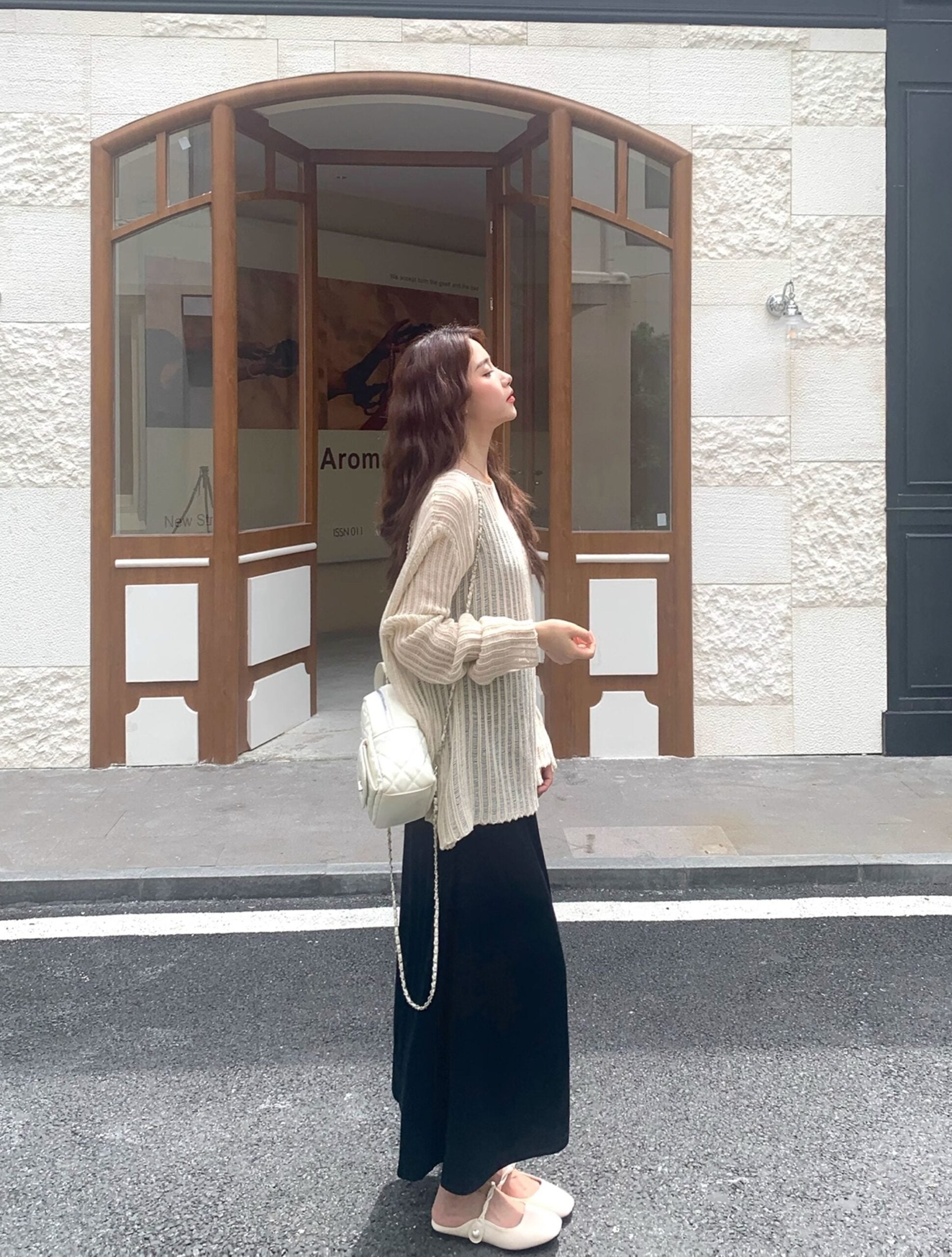 Beige Stripes See-Through Sweater And Dress Set