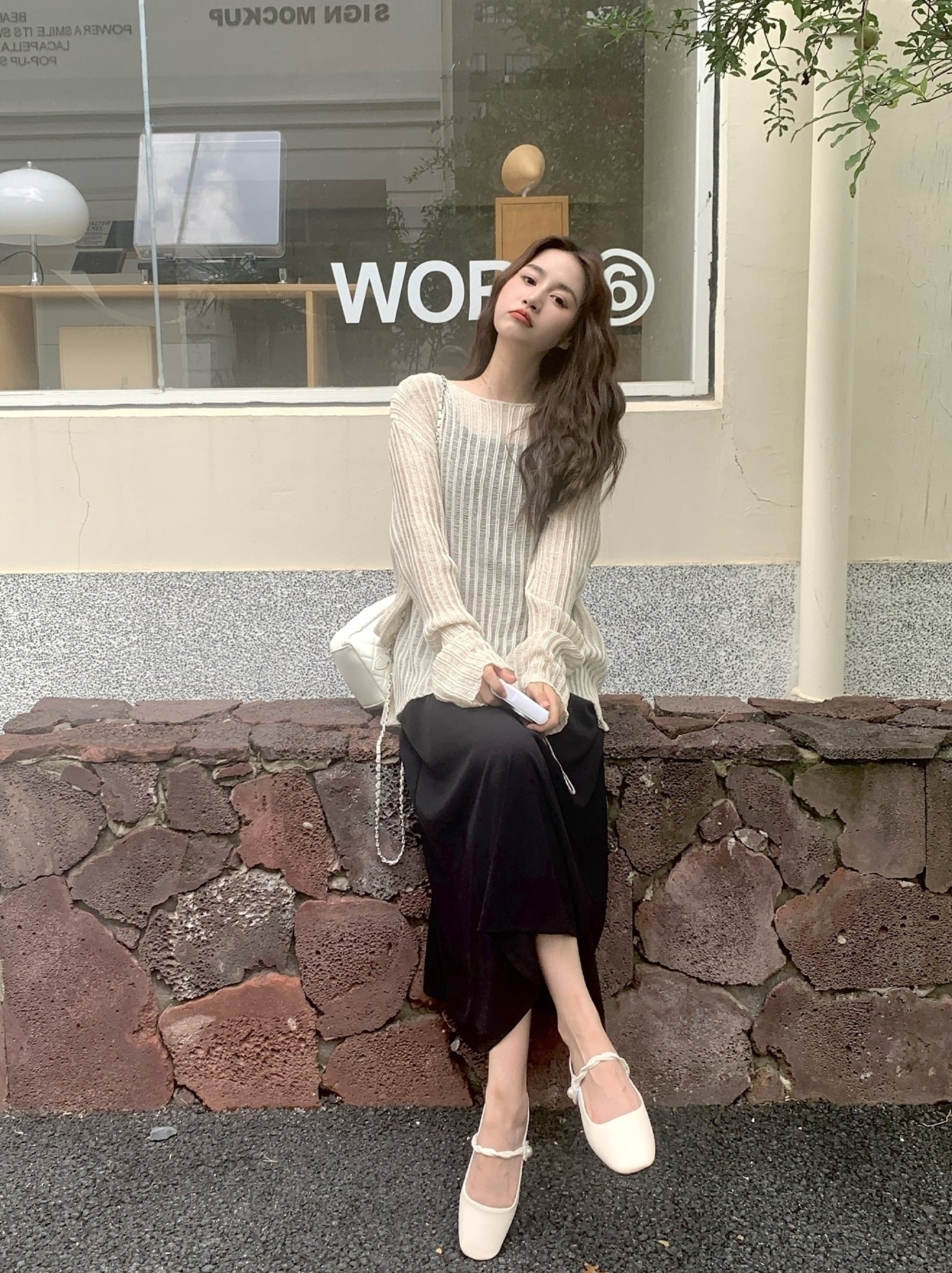 Beige Stripes See-Through Sweater And Dress Set