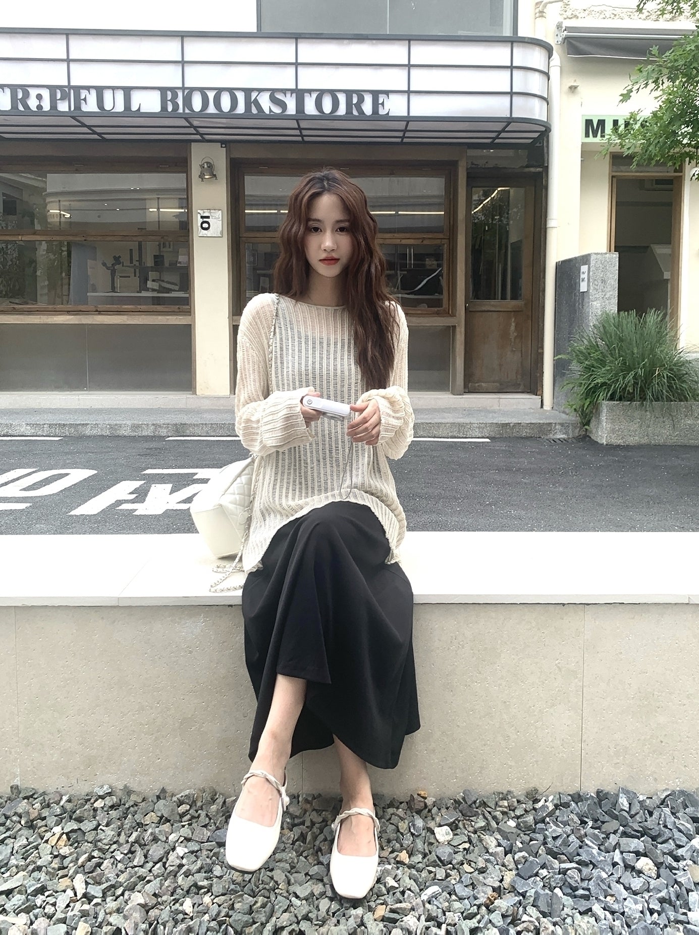 Beige Stripes See-Through Sweater And Dress Set