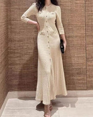 Beige Textured Long Sleeves Knitted Dress