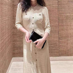 Beige Textured Long Sleeves Knitted Dress