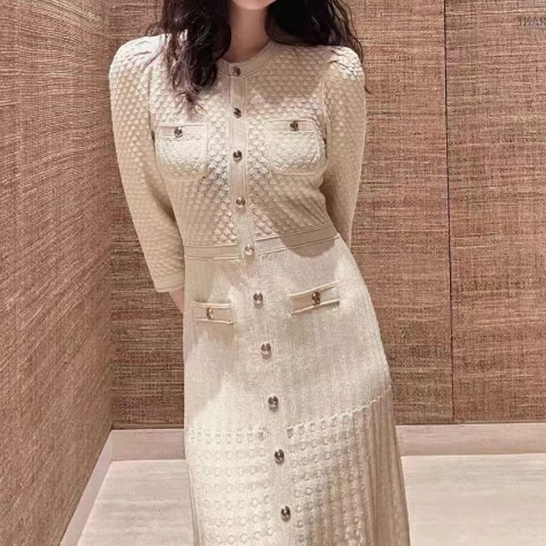 Beige Textured Long Sleeves Knitted Dress