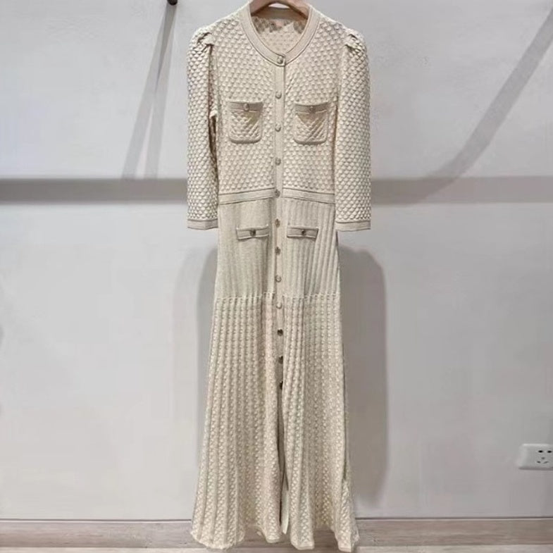 Beige Textured Long Sleeves Knitted Dress