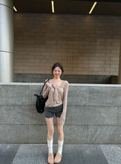 Beige Tie Collar Long Sleeve Top