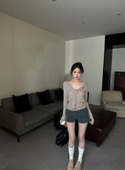 Beige Tie Collar Long Sleeve Top