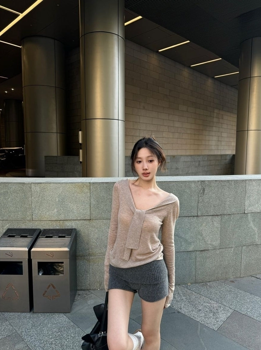 Beige Tie Collar Long Sleeve Top