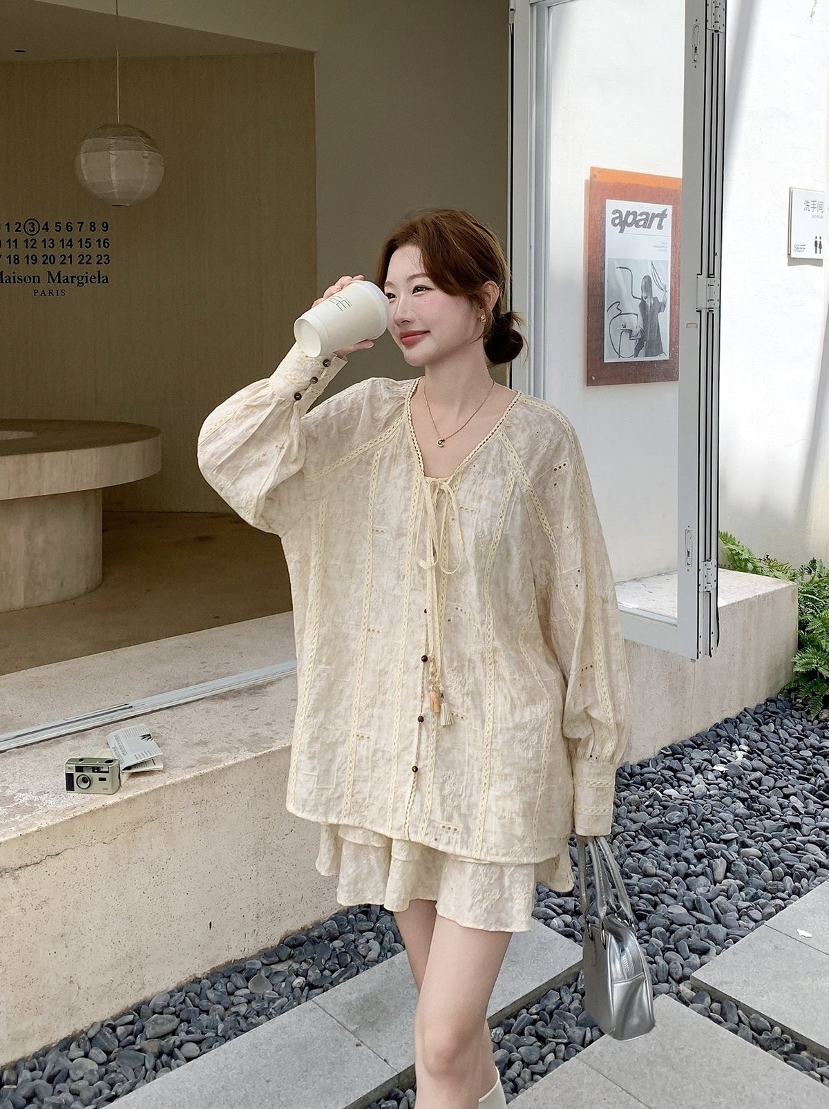 Beige Tie Dye Embroidered Shirt And Skirt Set