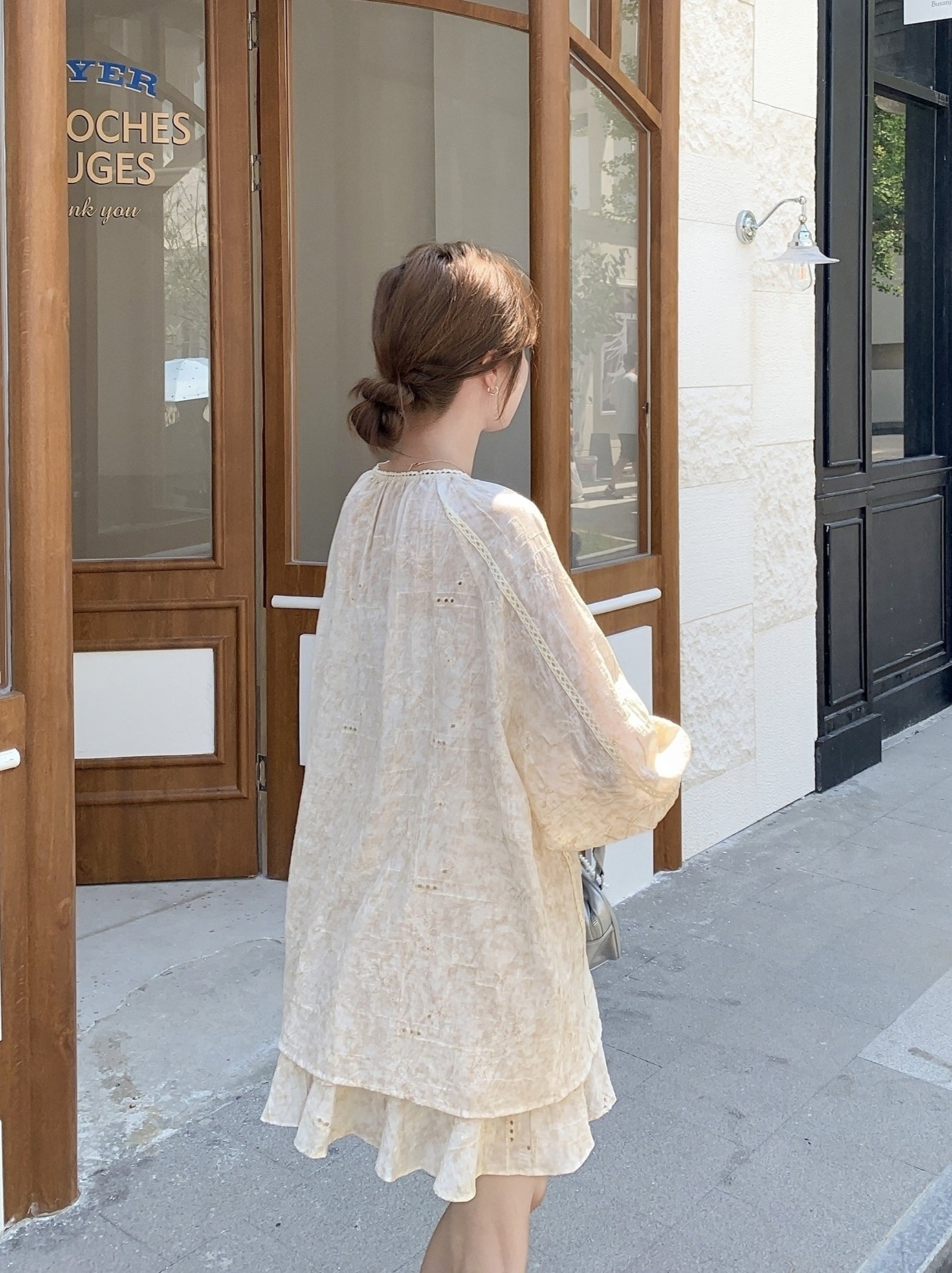 Beige Tie Dye Embroidered Shirt And Skirt Set