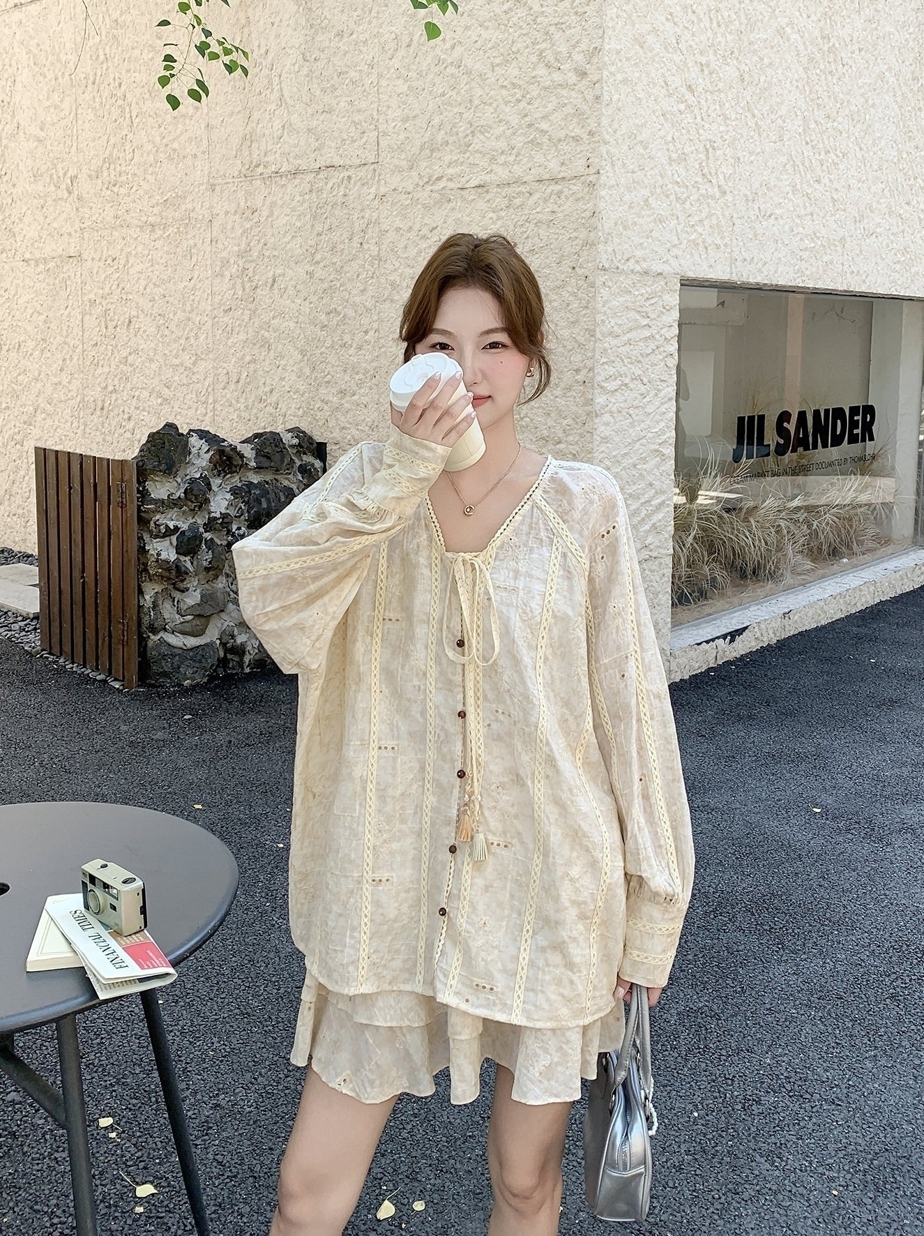 Beige Tie Dye Embroidered Shirt And Skirt Set