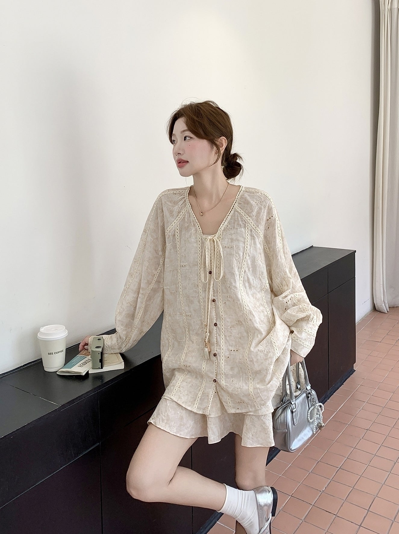 Beige Tie Dye Embroidered Shirt And Skirt Set