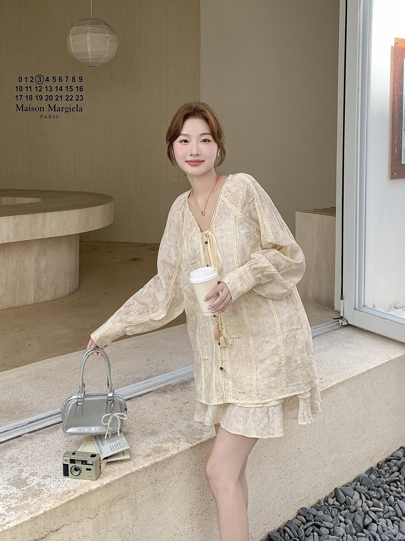 Beige Tie Dye Embroidered Shirt And Skirt Set