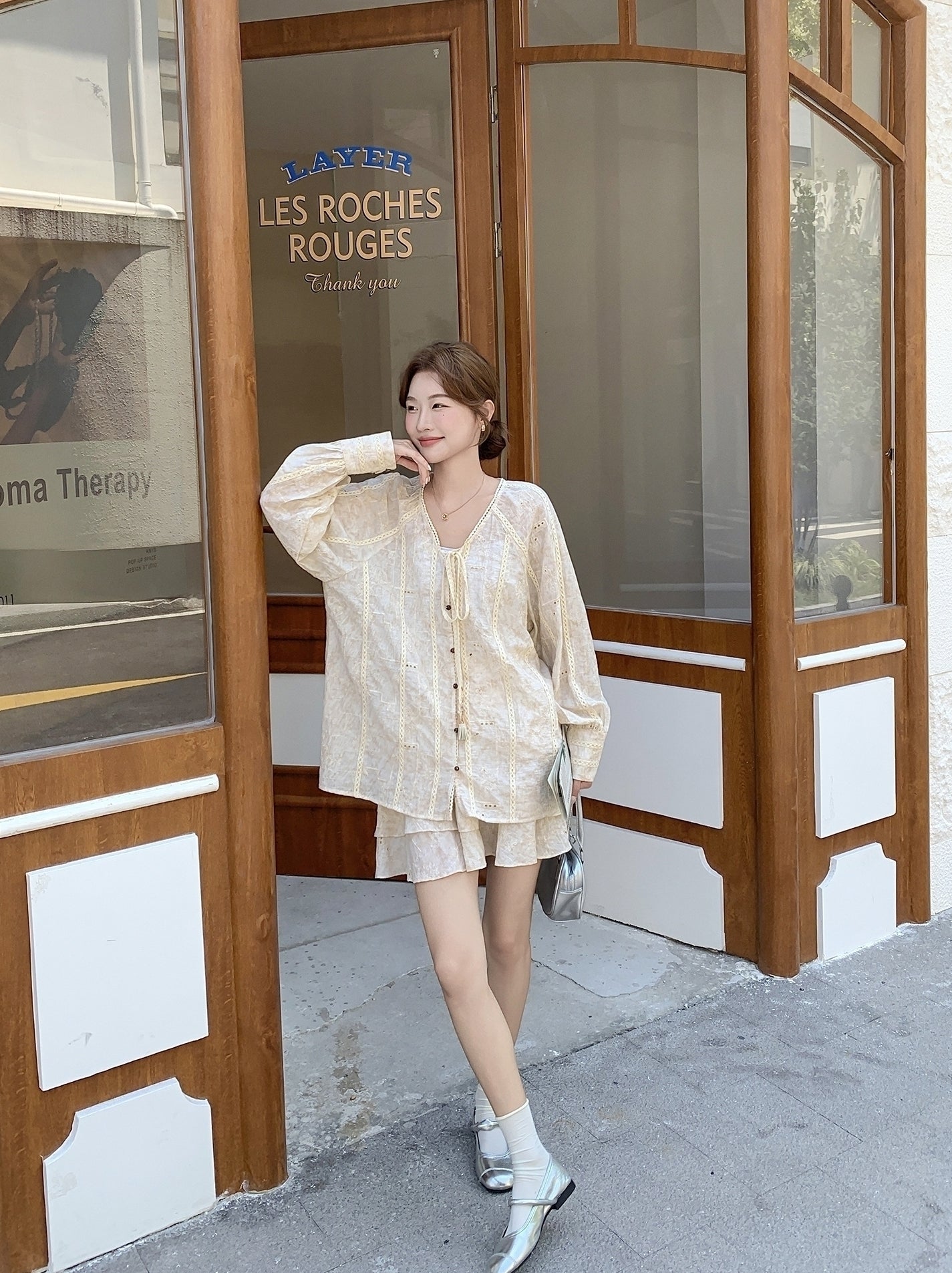 Beige Tie Dye Embroidered Shirt And Skirt Set