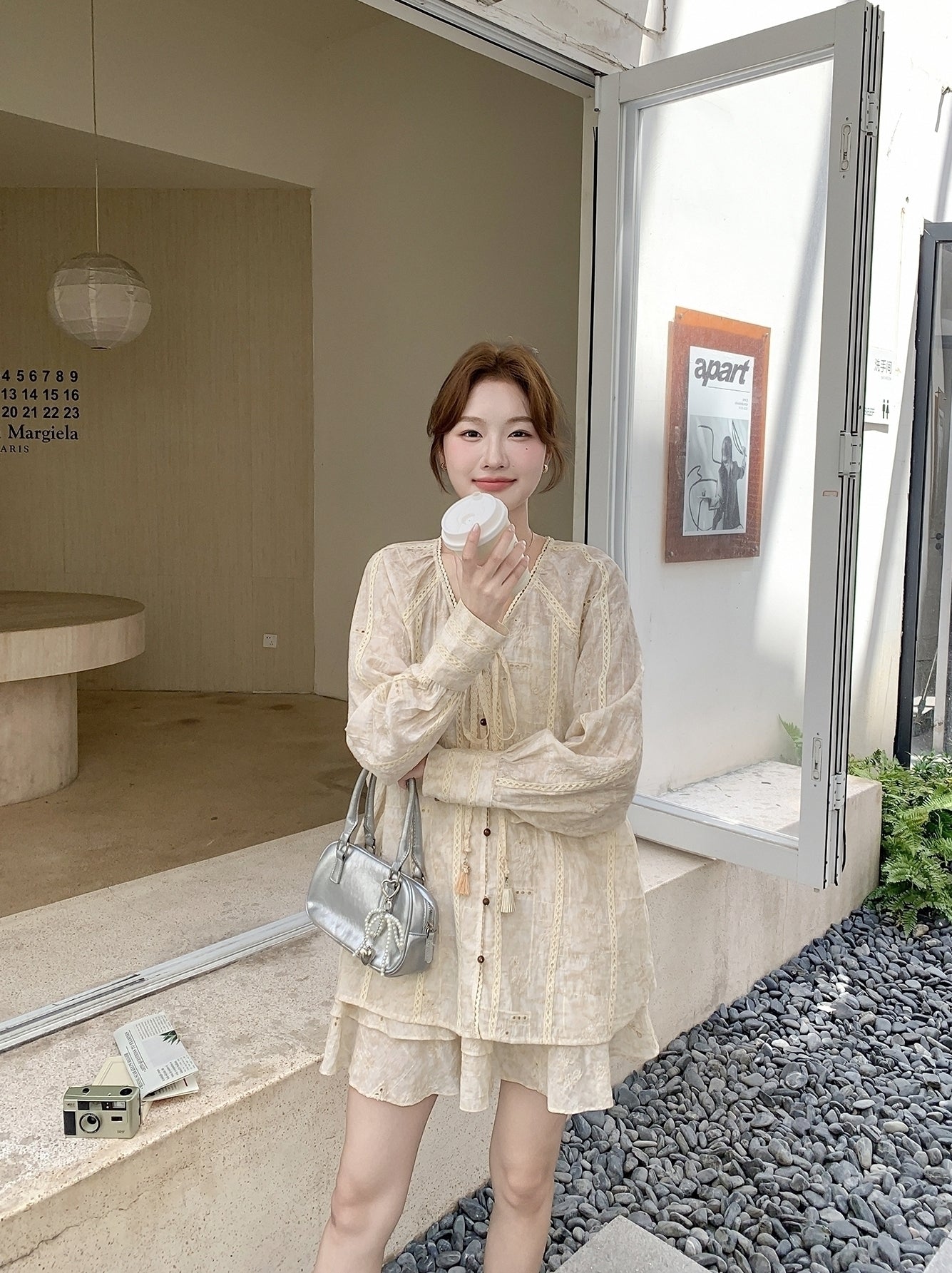 Beige Tie Dye Embroidered Shirt And Skirt Set
